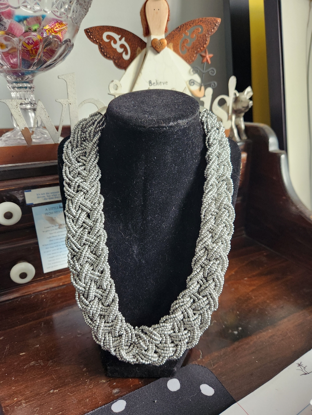 Braided Beaded Statement Necklace - Silver